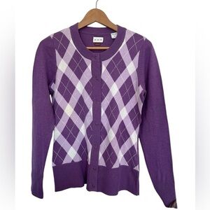 Purple Argyle Preppy Cardigan Sweater Size Medium